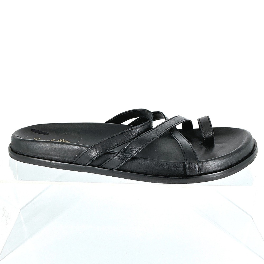 Seychelles Size 8 Black Leather Strappy Toe Loop Slide Sandals Rule the World - Picture 2 of 15